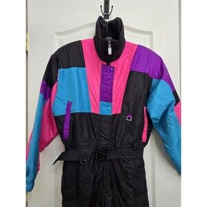 Vintage 80's Ski Suit One Piece Snowsuit Prima Futurski Color Block Neon MEDIUM
